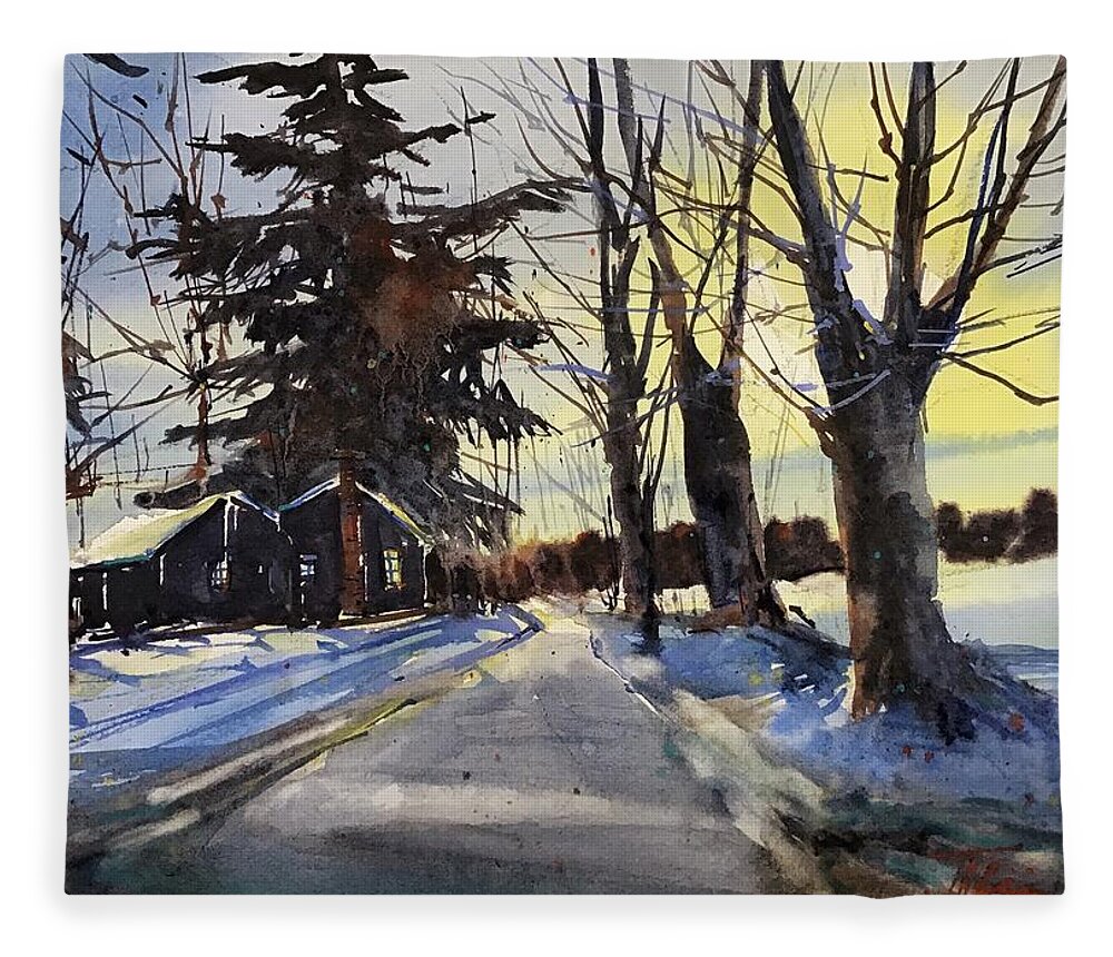 Landscape Fleece Blanket featuring the painting Snow Glow on Thomas Road by Judith Levins