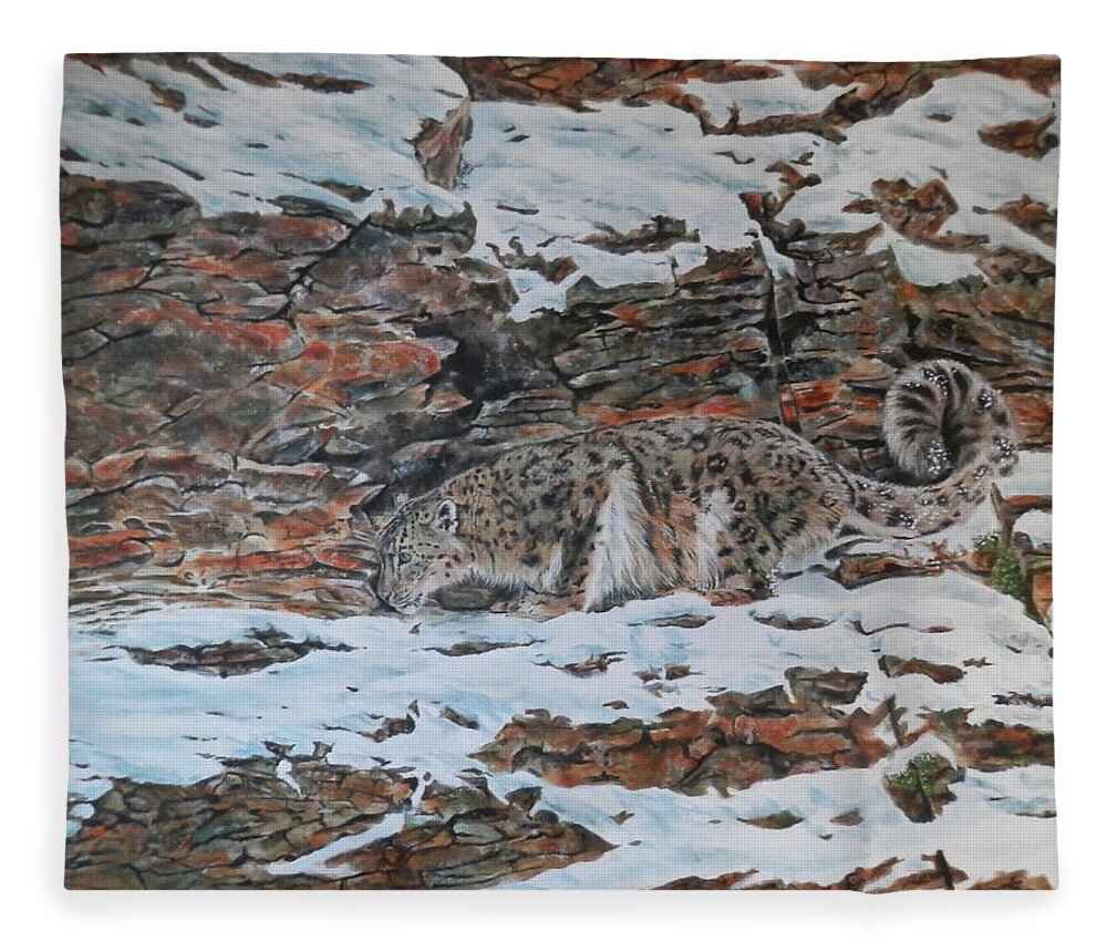 Leopard Fleece Blanket featuring the painting Snow Leopard by John Neeve
