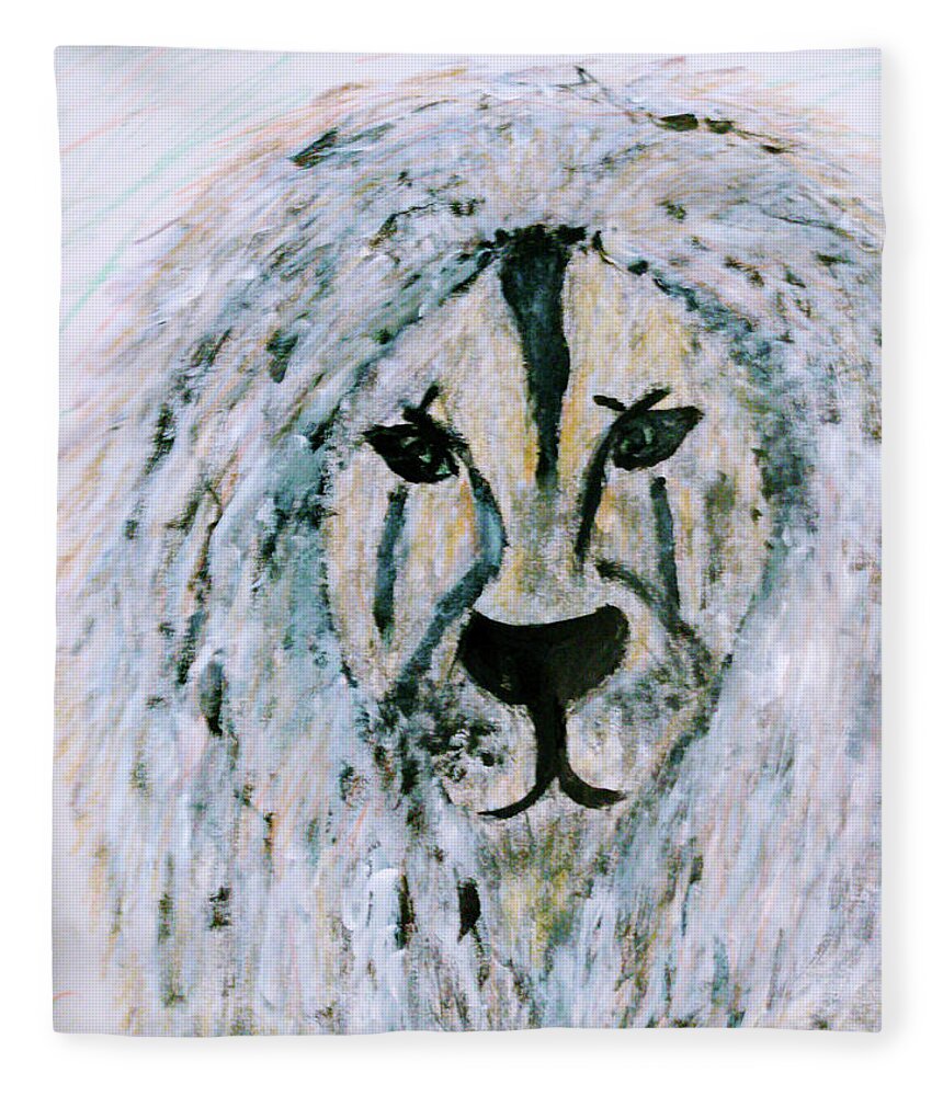 Lion Fleece Blanket featuring the mixed media Snow Lion by Anna Adams