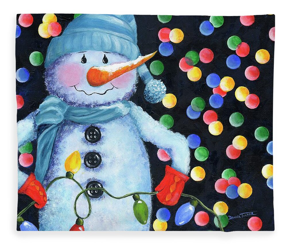 Snowman Fleece Blanket featuring the painting Snowie with Twinkling Lights by Donna Tucker