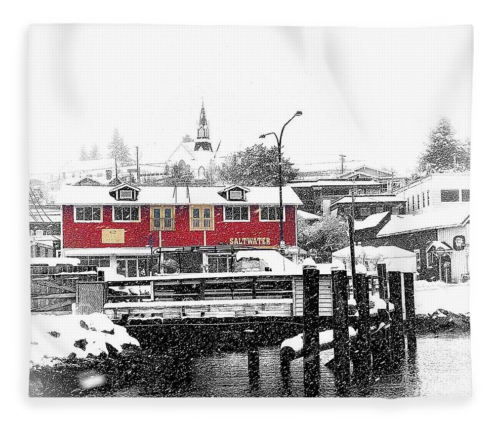 Selective Color Fleece Blanket featuring the photograph Snowing Poulsbo Waterfront by Jerry Abbott