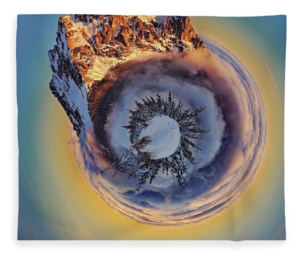 Montana Fleece Blanket featuring the photograph Snowy Mountain Tiny Planet by Russ Harris