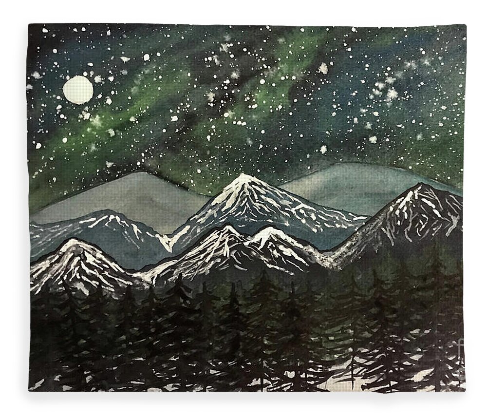 Snowy Mountains Fleece Blanket featuring the painting Snowy Mountains with Aurora by Lisa Neuman