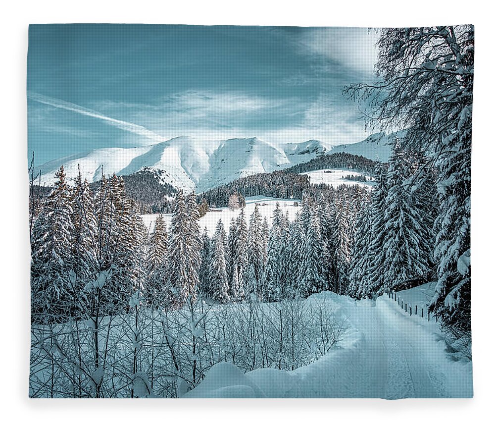 Geneva Fleece Blanket featuring the photograph Snowy road in the French Alps by Benoit Bruchez