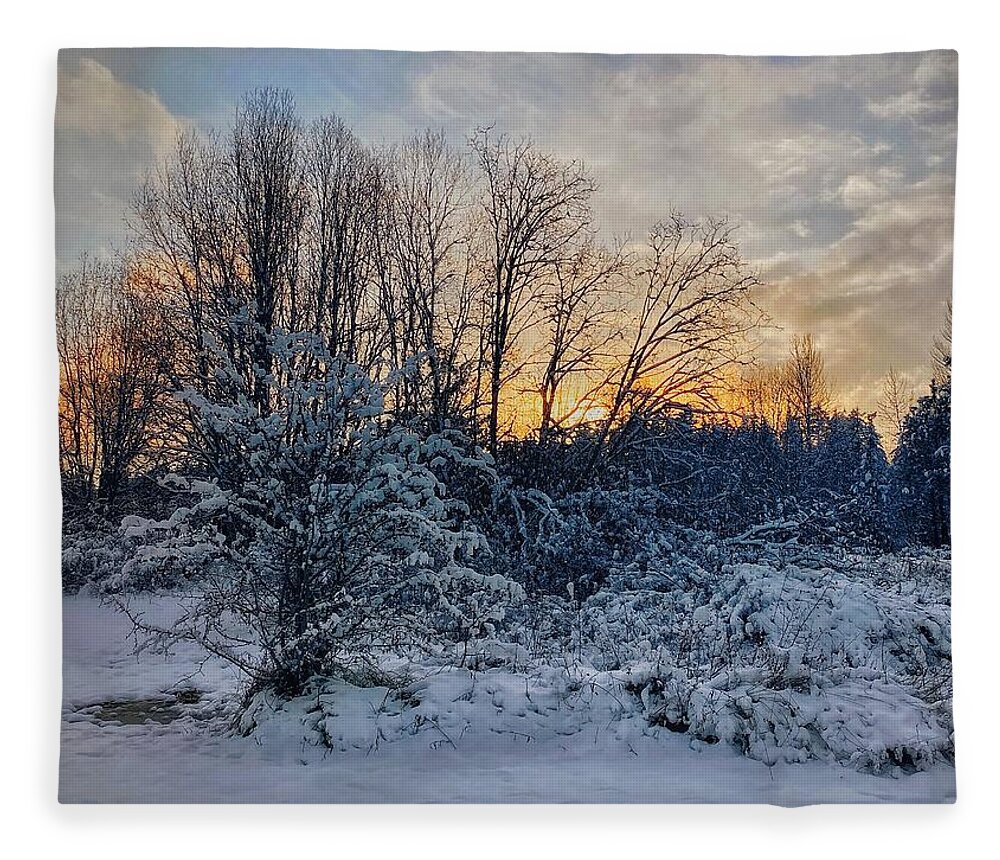 Snow Fleece Blanket featuring the photograph Snowy Sunset Silhouette by Jerry Abbott
