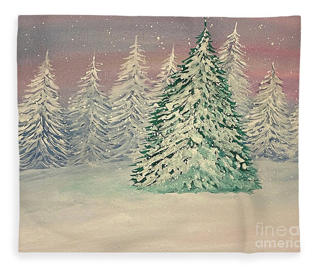 Twilight Fleece Blanket featuring the mixed media Snowy Twilight Trees by Lisa Neuman