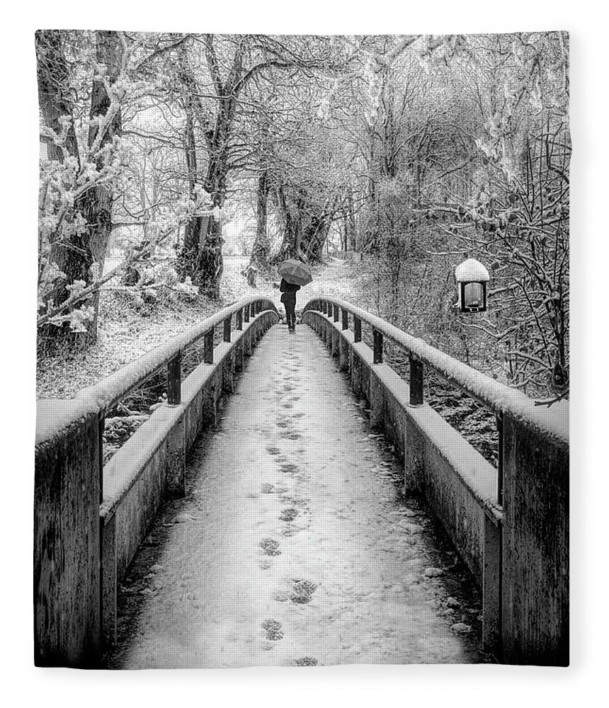 Bridge Fleece Blanket featuring the photograph Snowy Walk in Black and White by Debra and Dave Vanderlaan