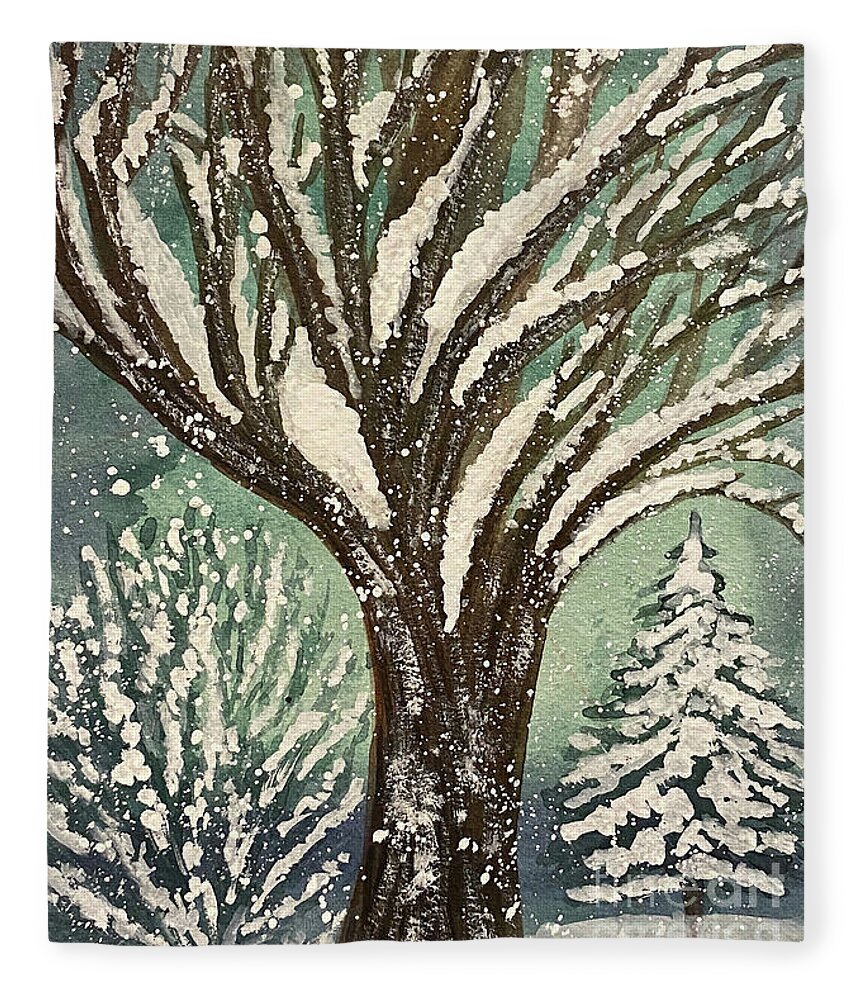 Snowy Yard Fleece Blanket featuring the painting Snowy yard by Lisa Neuman