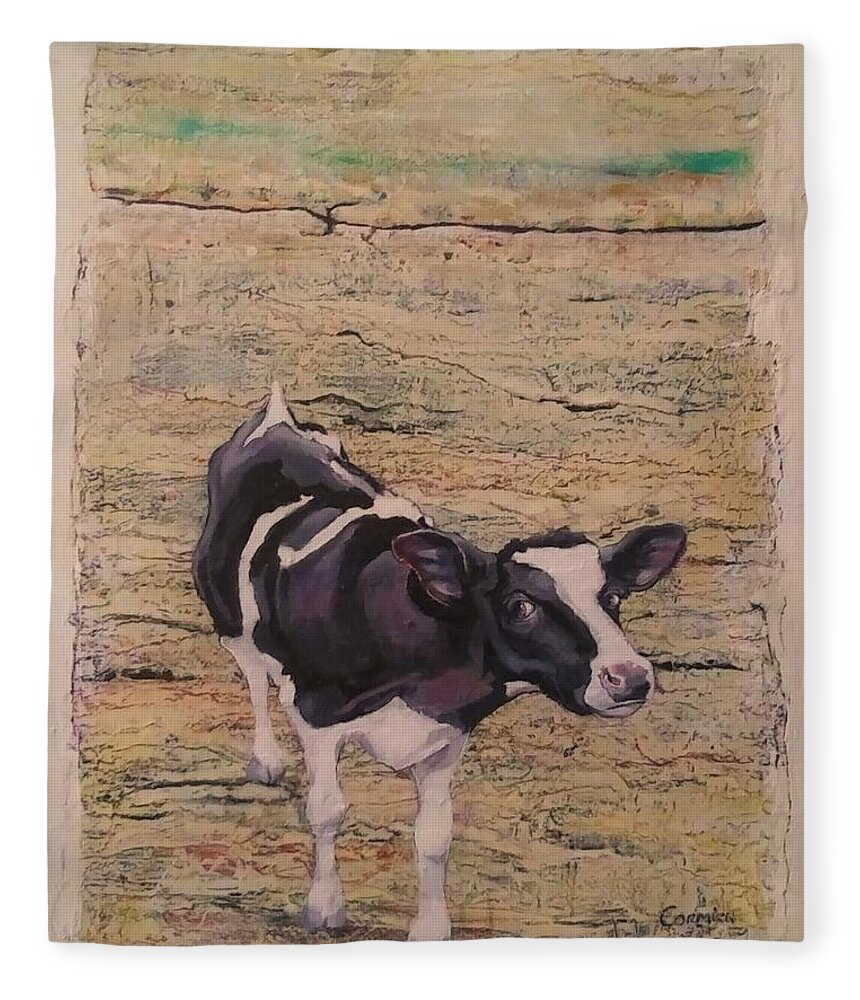 Cow Fleece Blanket featuring the painting Something in the Way She MOOS by Jean Cormier