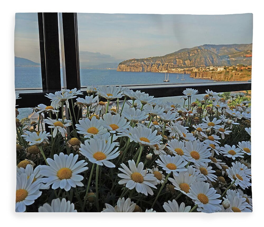 Sorrento Fleece Blanket featuring the photograph Sorrento - View with Flowers by Yvonne Jasinski
