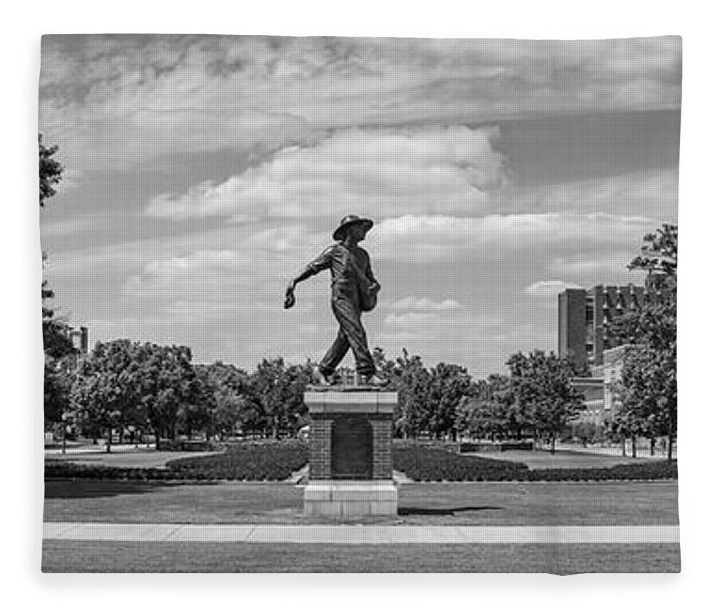 Sower Statue Fleece Blanket featuring the photograph Sower Statue on the campus of the University of Oklahoma in panoramic black and white by Eldon McGraw