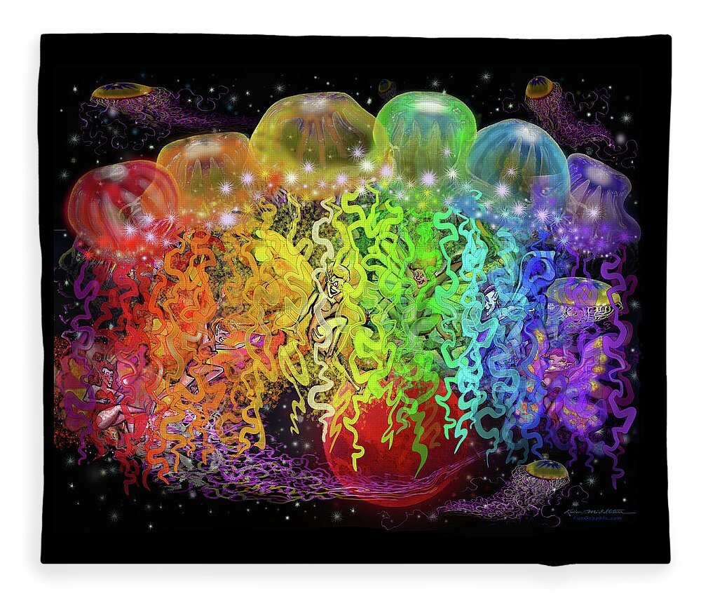 Space Fleece Blanket featuring the digital art Space Pixies n Jellyfish by Kevin Middleton