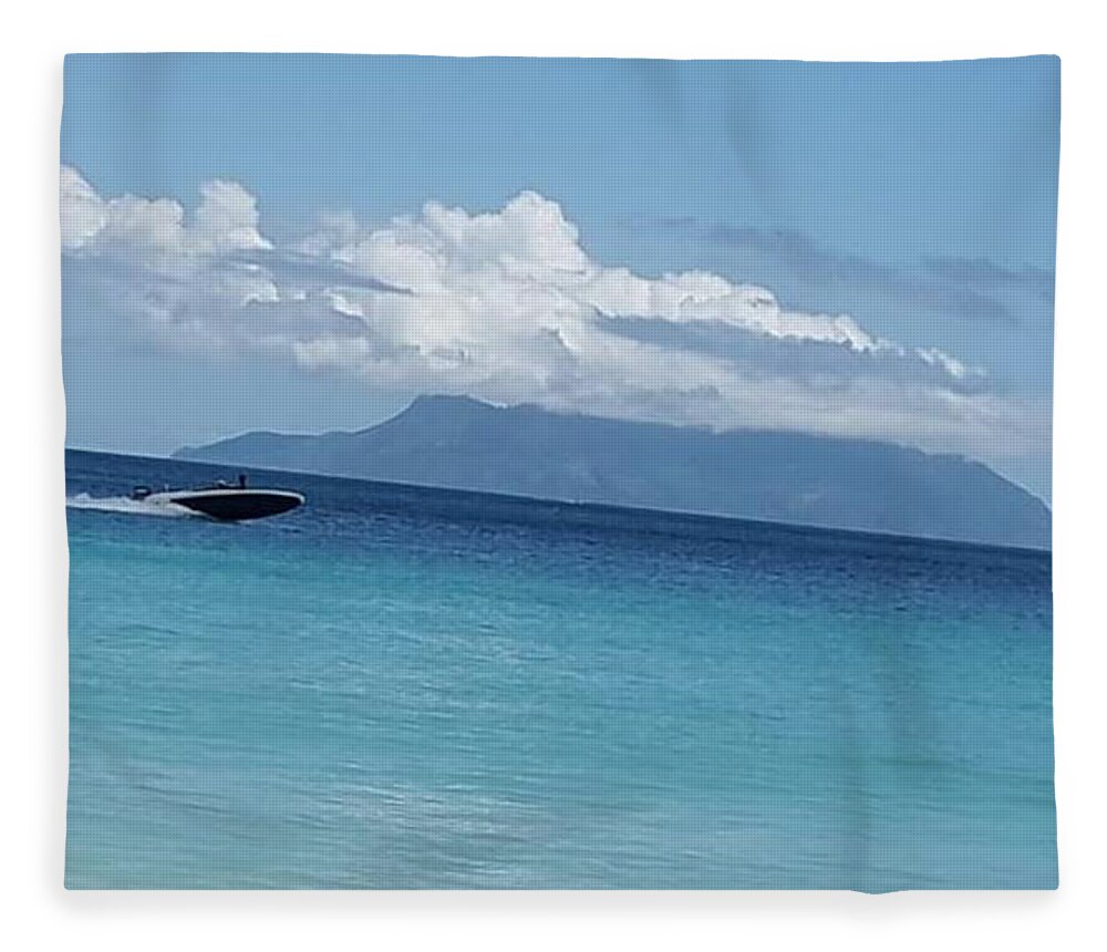 All Fleece Blanket featuring the digital art Speed Boat at Sea in Seychelles KN41 by Art Inspirity