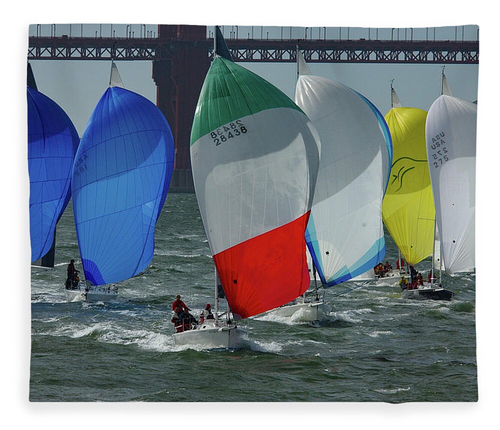Spinnakers Fleece Blanket featuring the photograph Spinnakers Under the Golden Gate by Bonnie Colgan