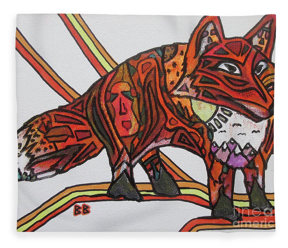 Fox Animal Wildlife Nature Abstract Red Orange Mask Fleece Blanket featuring the mixed media Spirit Fox by Bradley Boug