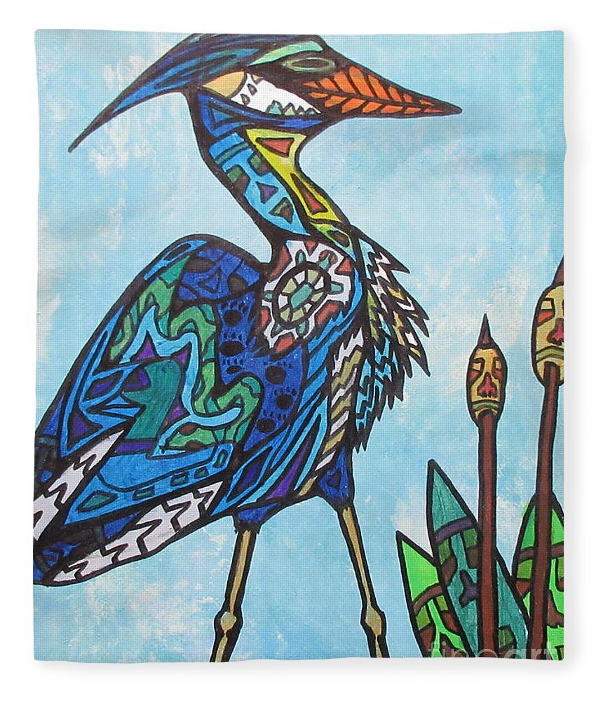 Bird Heron Blue Nature Wildlife Abstract Fleece Blanket featuring the painting Spirit Heron by Bradley Boug