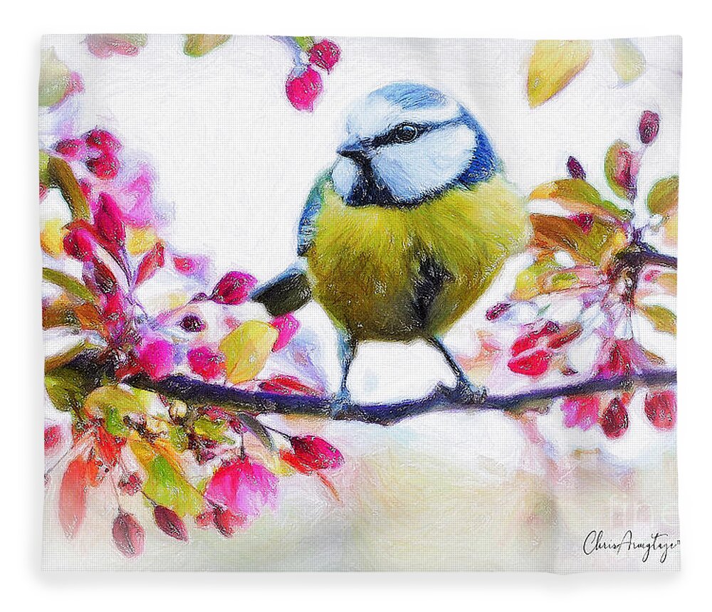 Bird Fleece Blanket featuring the drawing Spring Blossoms with Bird by Chris Armytage