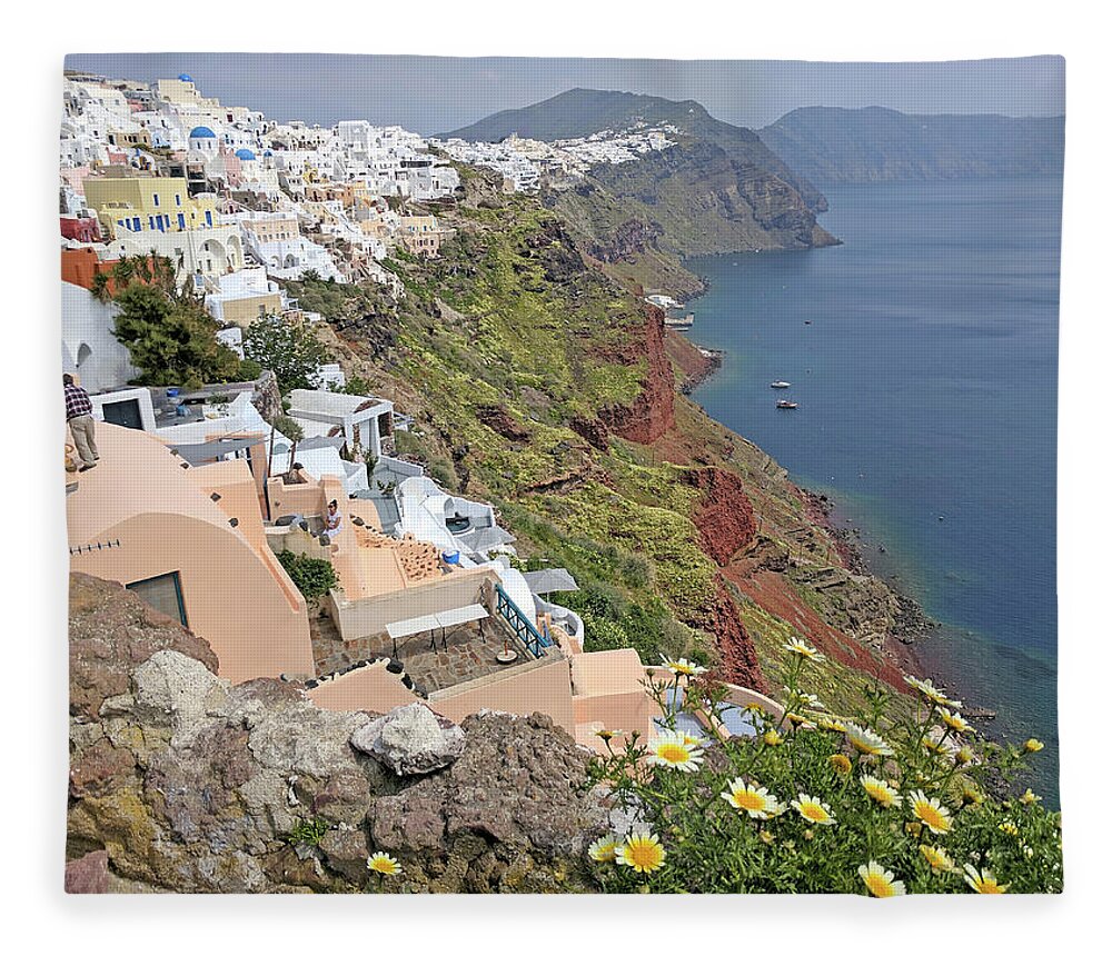 Santorini Fleece Blanket featuring the photograph Spring in Santorini - Oia by Yvonne Jasinski