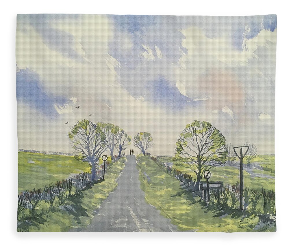 Watercolour Fleece Blanket featuring the painting Spring Sky over York Road, Kilham by Glenn Marshall