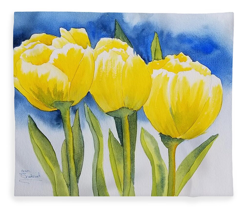 Yellow Tulips Fleece Blanket featuring the painting Spring Tulips by Ann Frederick