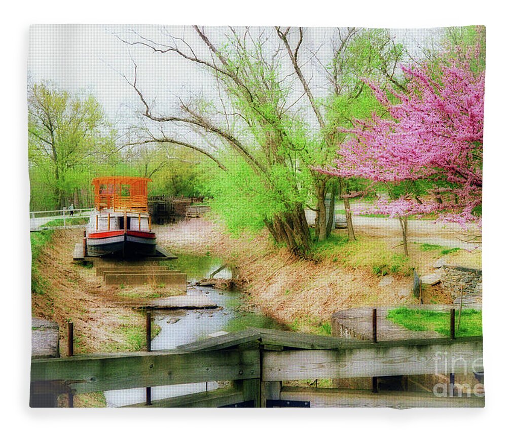 Canal Barge Fleece Blanket featuring the photograph Springtime on the Canal - A Potomac Impression by Steve Ember