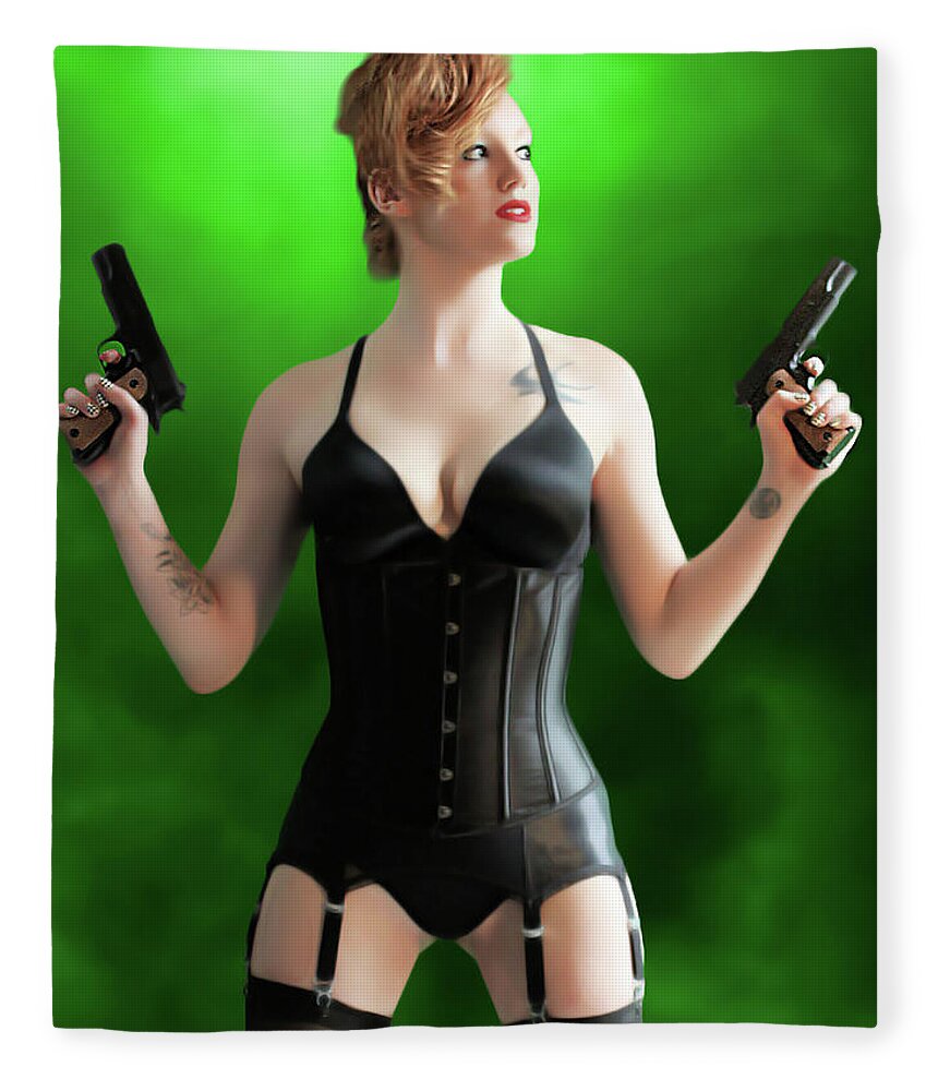 Cosplay Fleece Blanket featuring the photograph Spy in Lingerie with .45cals by Jon Volden