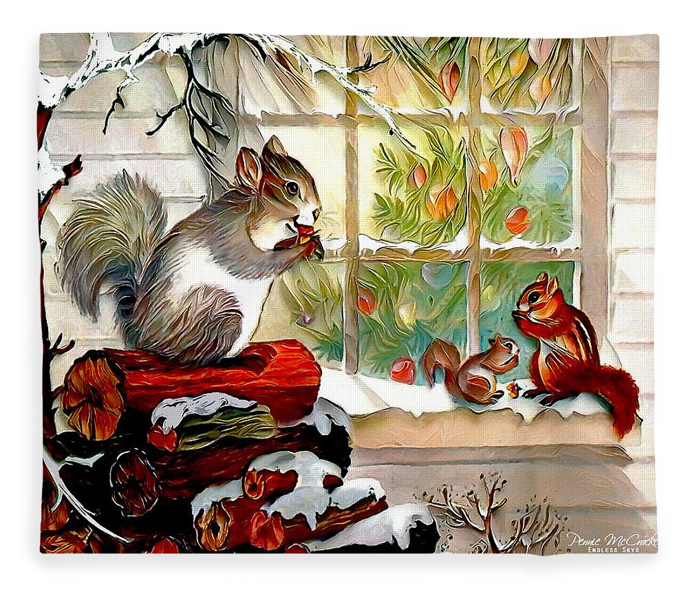 Nature Fleece Blanket featuring the digital art Squirrel's Christmas by Pennie McCracken