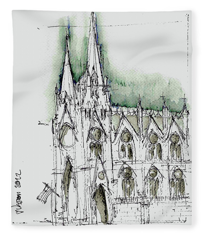 Ink Fleece Blanket featuring the drawing St. Patrick's Cathedral by Jason Nicholas