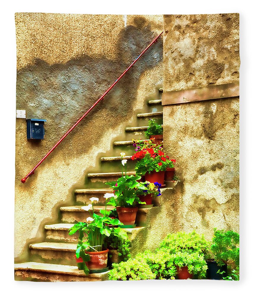Stairs;flower Pots; Tuscany Red; Old Walls Fleece Blanket featuring the photograph Stairs to Heaven by Eggers Photography