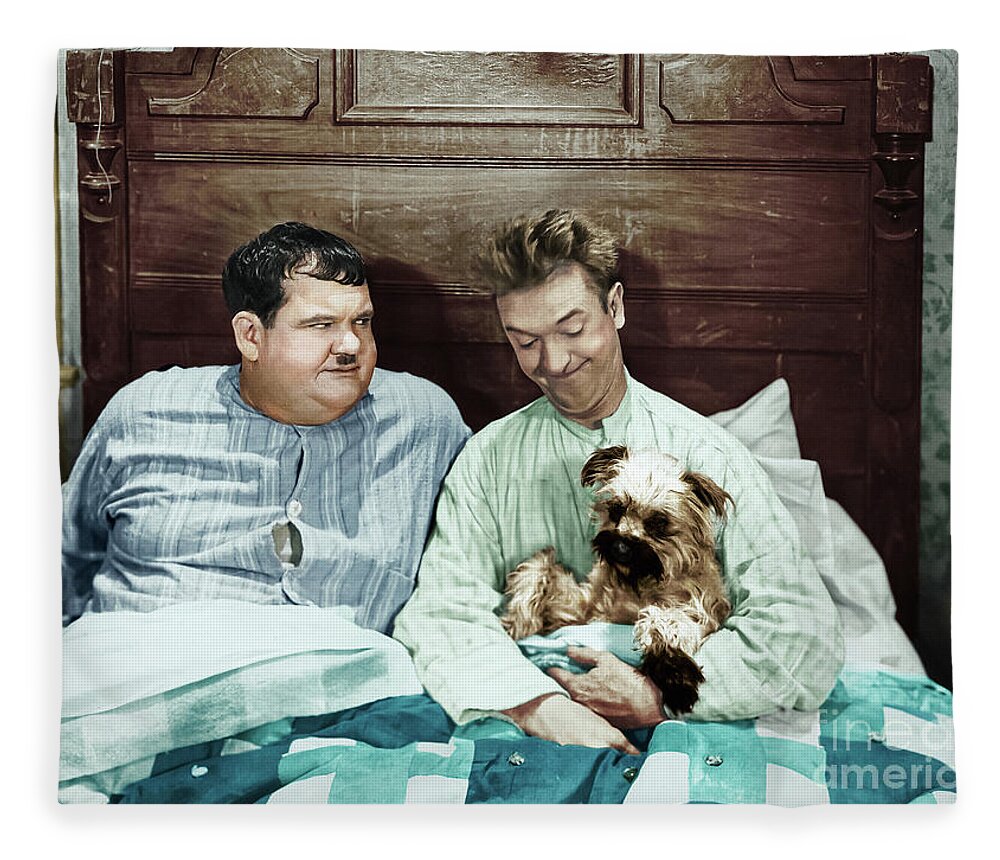 Stan Fleece Blanket featuring the digital art Stan and Ollie with their Puppy by Franchi Torres