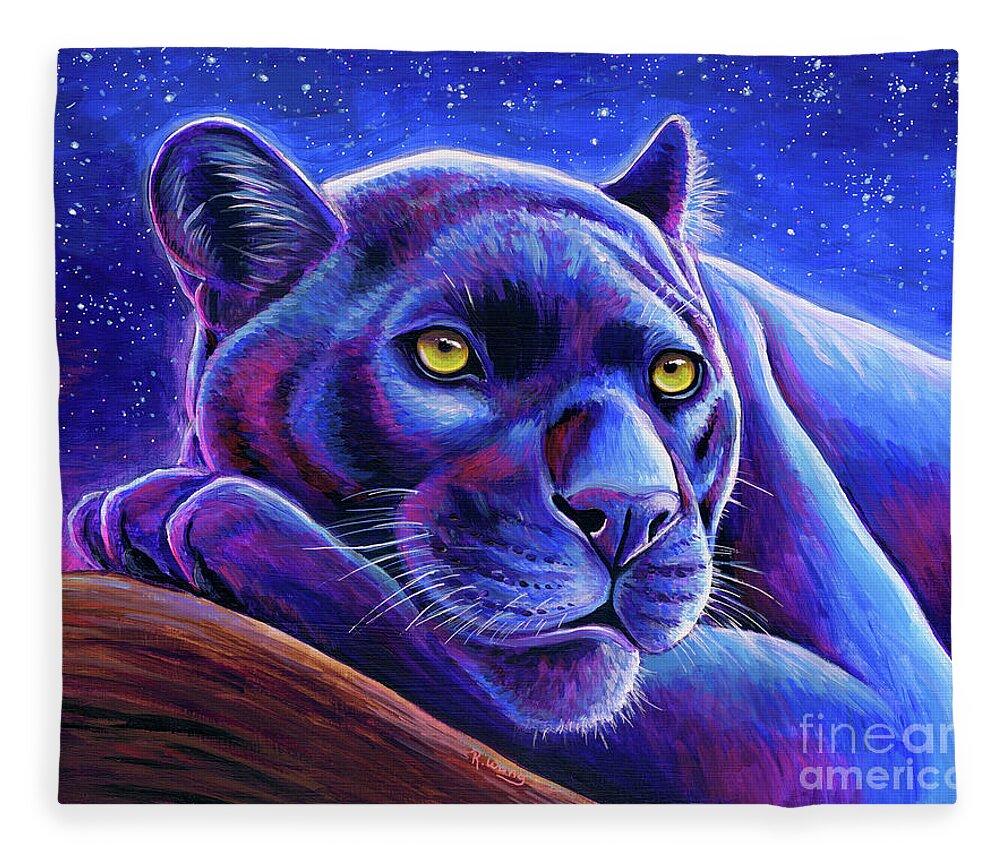Black Leopard Fleece Blanket featuring the painting Stargazing - Colorful Black Leopard by Rebecca Wang