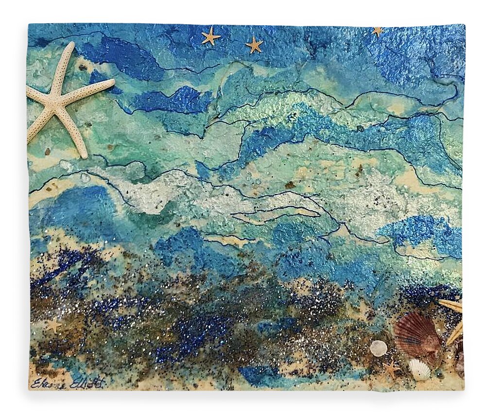 Seascape Fleece Blanket featuring the painting Starry Starfish Night by Elaine Elliott