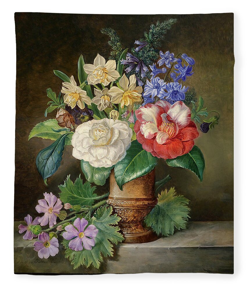 Still Life Of Flowers With Daffodils Fleece Blanket featuring the photograph Still Life of Flowers with Daffodils by Franz Xaver Andreas Petter by Carlos Diaz