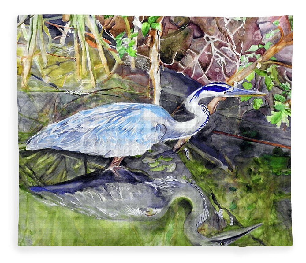 Blue Heron Fleece Blanket featuring the painting Still Water by Barbara F Johnson