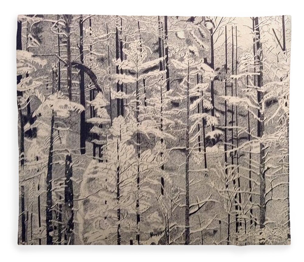 Black Fleece Blanket featuring the drawing Stippled Forest by Bryan Brouwer