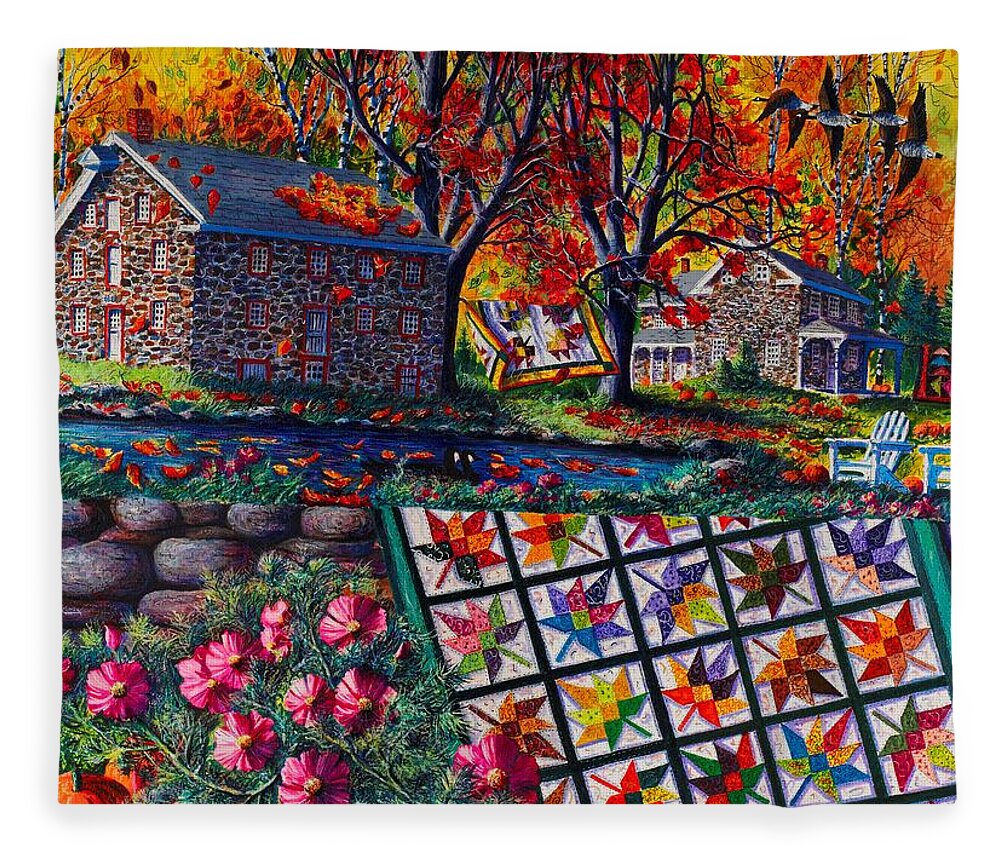 Landscape Of Stone Mill Autumn Crossing Fleece Blanket featuring the painting Stone Mill Autumn Crossing by Diane Phalen
