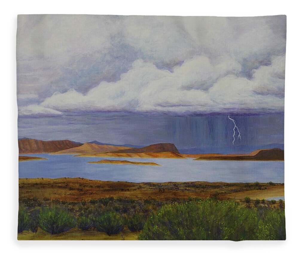 Kim Mcclinton Fleece Blanket featuring the painting Storm at Lake Powell- center panel of three by Kim McClinton
