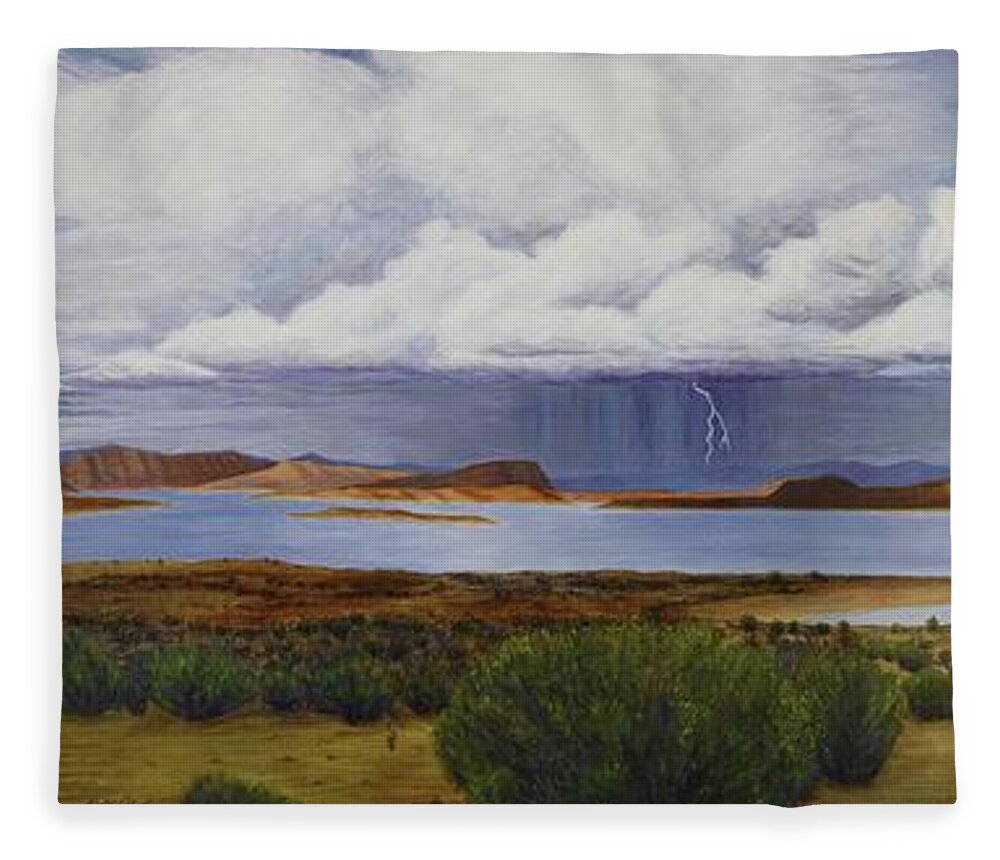 Kim Mcclinton Fleece Blanket featuring the painting Storm at Lake Powell- panorama by Kim McClinton