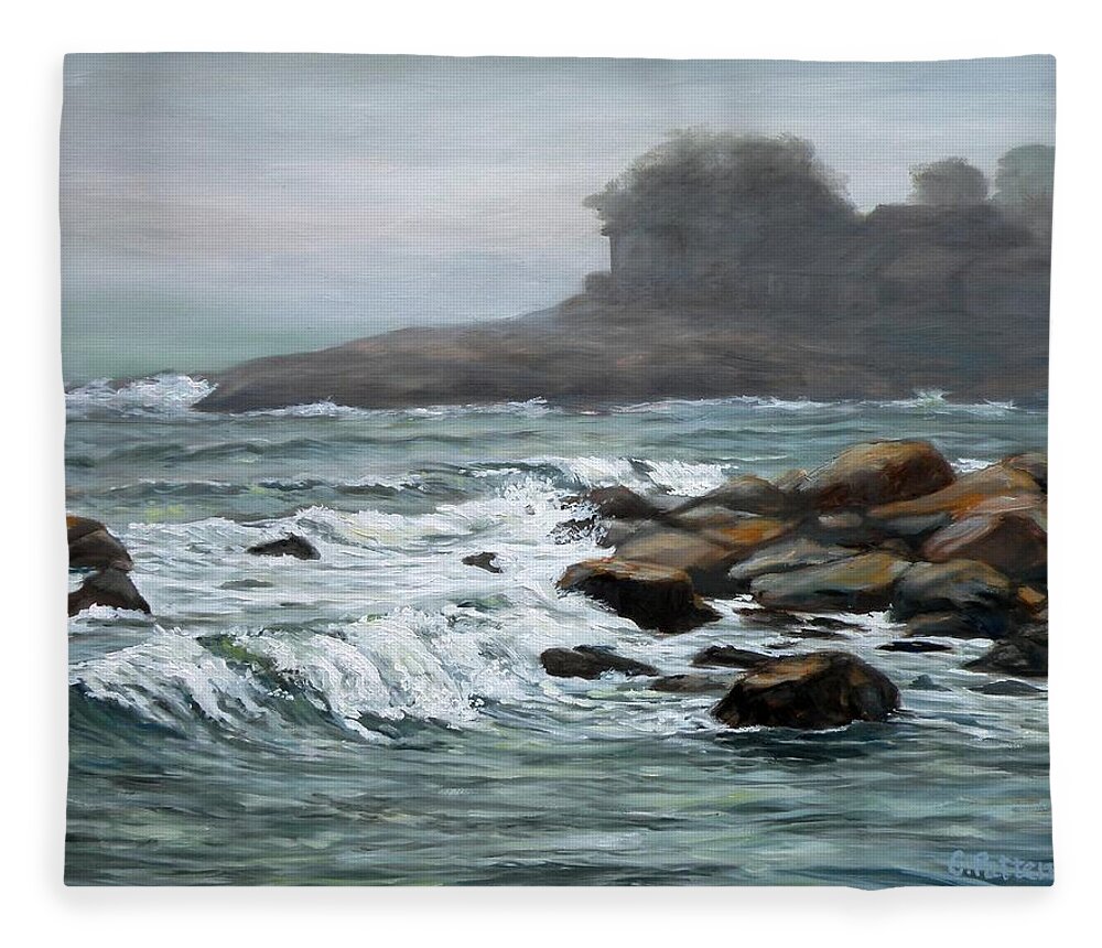 Ocean Fleece Blanket featuring the painting Foggy Day At Old Garden Beach by Eileen Patten Oliver