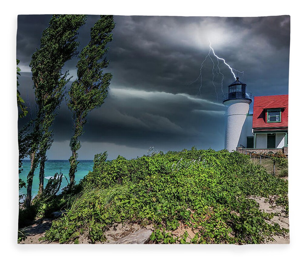 Northernmichigan Fleece Blanket featuring the photograph Storm at Point Betsie Lighthouse IMG_2623 by Michael Thomas