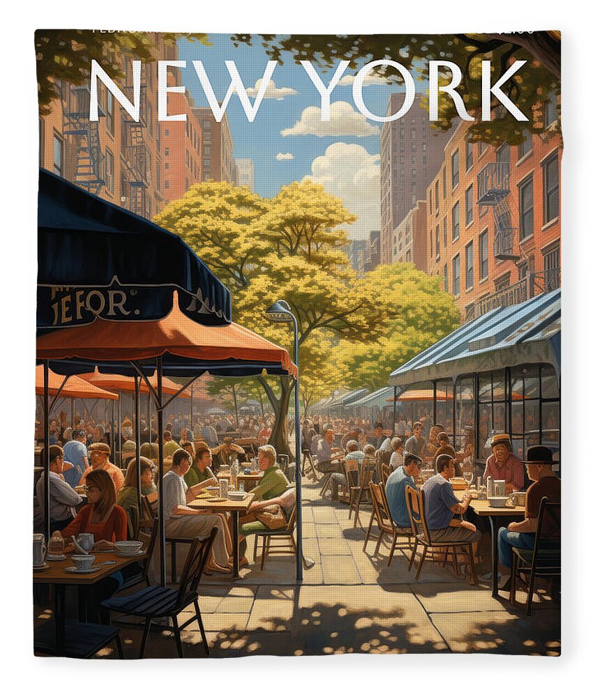 New Yorker Magazine Fleece Blanket featuring the painting Street Cafe by Land of Dreams
