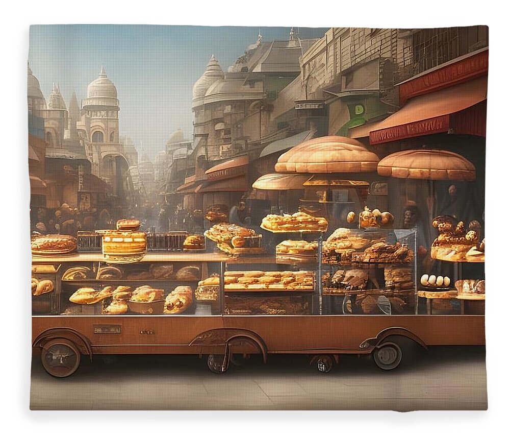 Digital Bread Pastry Cart Vendor Fleece Blanket featuring the digital art Street Pastry Cart by Beverly Read
