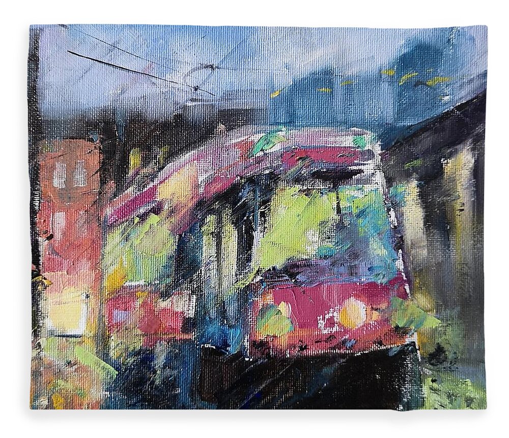 Streetcar Fleece Blanket featuring the painting Streetcar 7pm by Sheila Romard