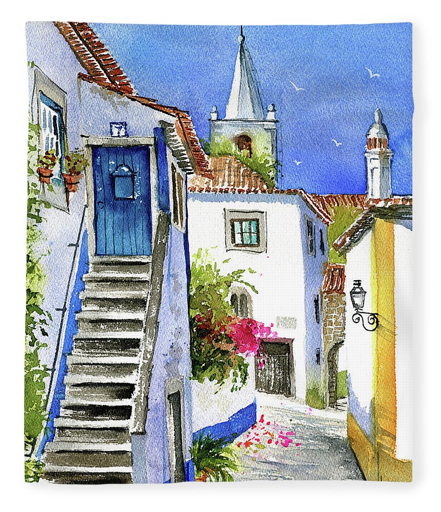 Portugal Fleece Blanket featuring the painting Streets of Obidos - Portugal by Dora Hathazi Mendes