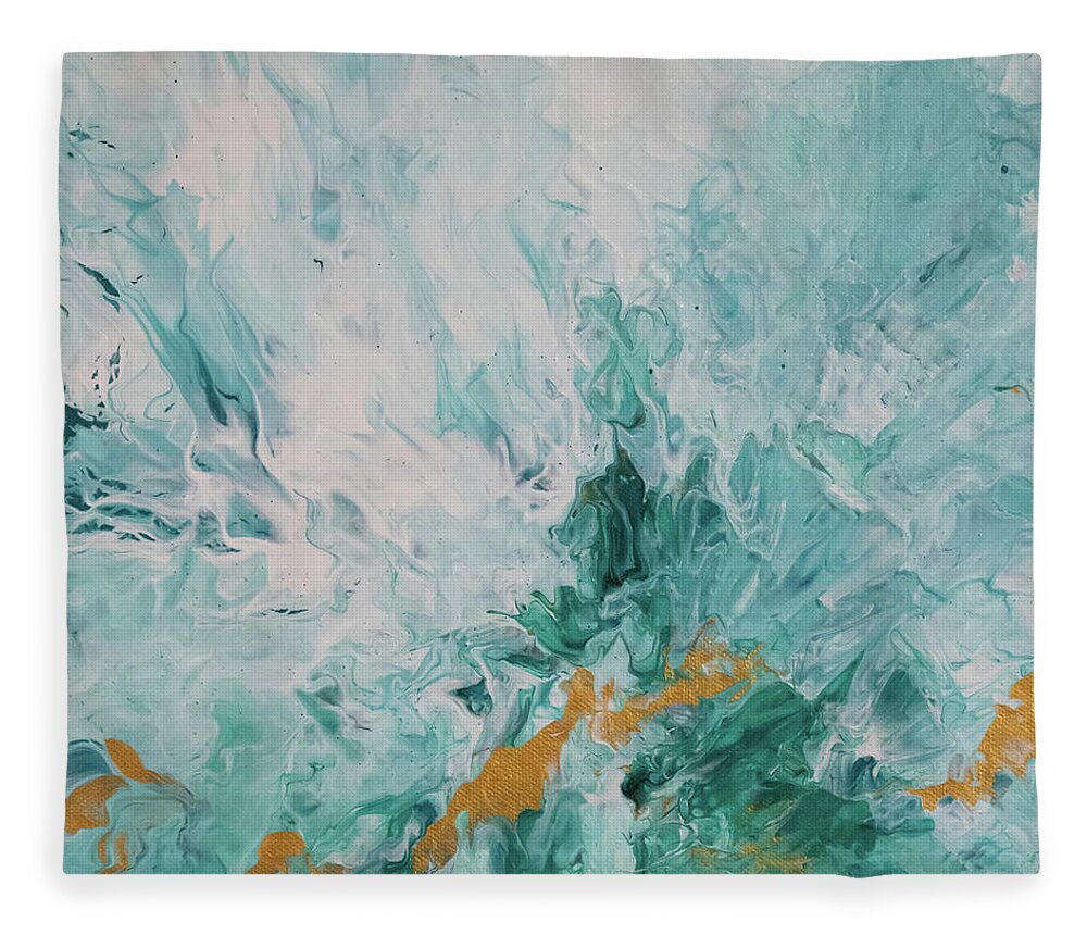 Green Fleece Blanket featuring the mixed media Stretch of Gold by Aimee Bruno