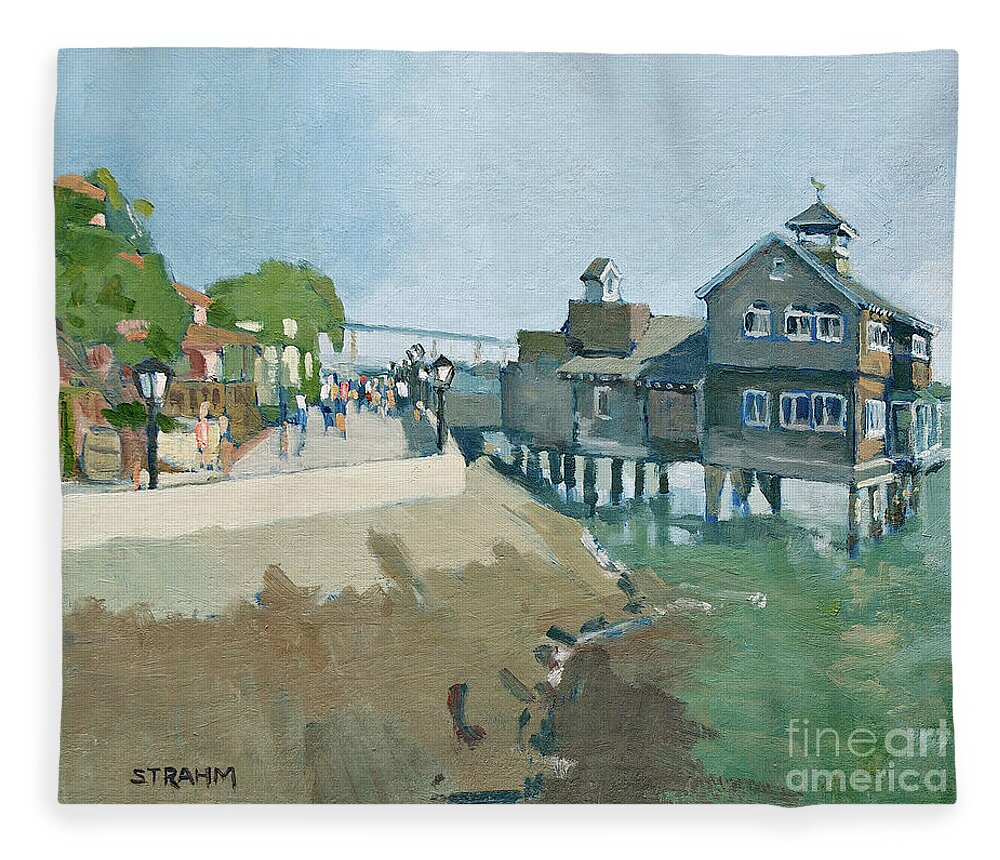 Seaport Village Fleece Blanket featuring the painting Strolling thru Seaport Village, San Diego by Paul Strahm