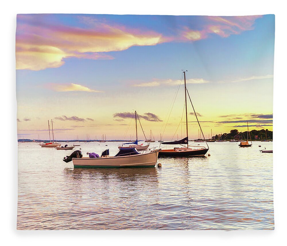 Sailboat Fleece Blanket featuring the photograph Stunning Sunset with Wooden Boats by Marianne Campolongo