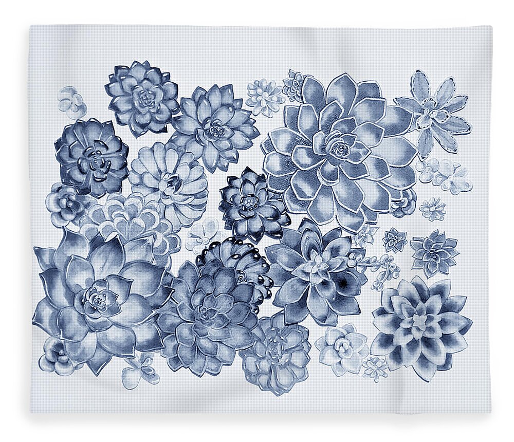 Succulent Fleece Blanket featuring the painting Succulent Plants Wall Contemporary Garden Design In Blue  by Irina Sztukowski