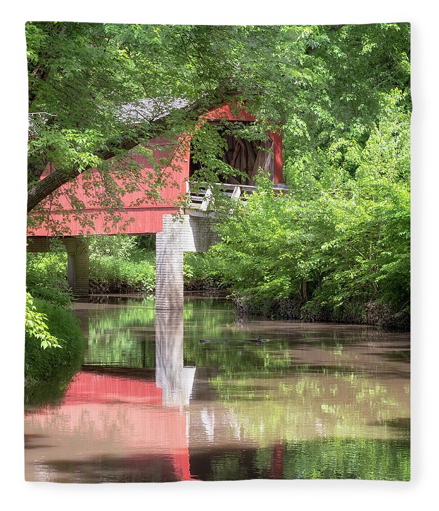 Sugar Creek Covered Bridge Fleece Blanket featuring the photograph Sugar Creek Covered Bridge - Down on the Sugar Creek by Susan Rissi Tregoning