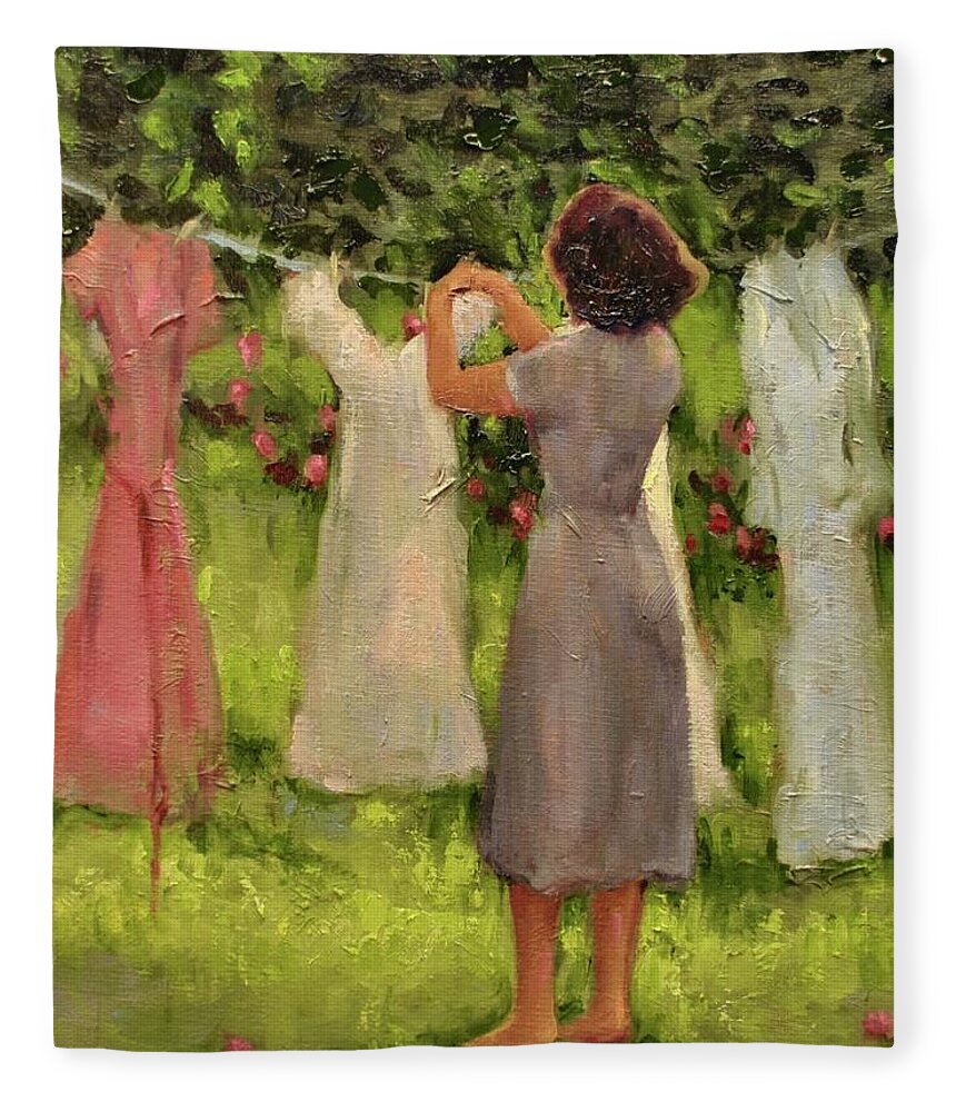 Women Hanging Clothes Fleece Blanket featuring the painting Summer Breeze by Ashlee Trcka